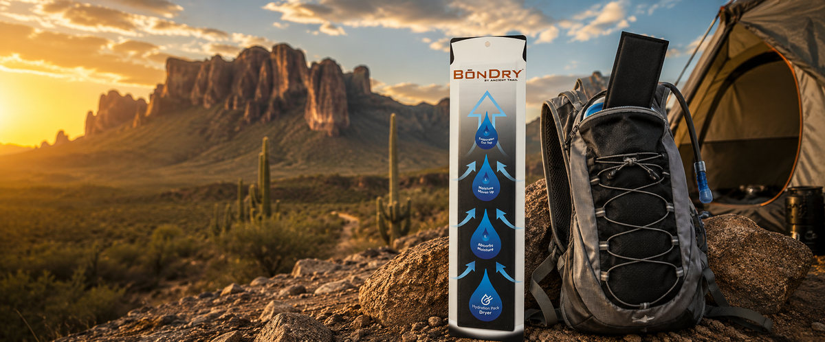 BōnDry beside a hydration backpack at an Arizona desert campsite
